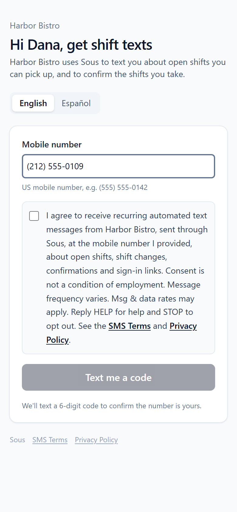 The Sous sign-up page: a mobile number field, a choice of English or Spanish, an unticked box next to the consent statement above, and a button to text a code that stays disabled until the box is ticked.