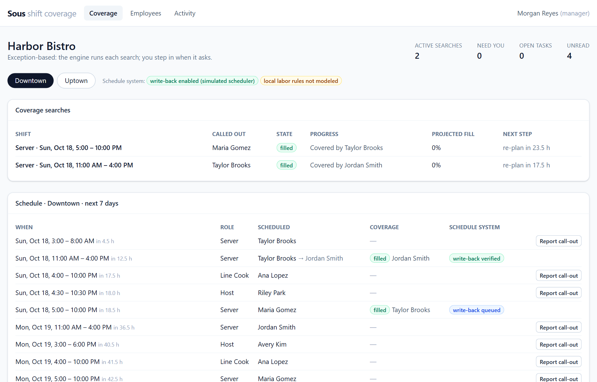 The Sous manager app, showing a call-out being covered: who was offered the shift, their replies, and who took it. Demo data.